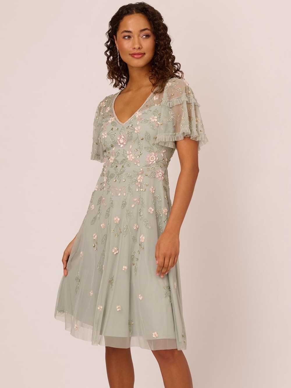 Adrianna Papell Women's V-Neck Beaded Midi Dress Frosted Sage Size 4 NWT